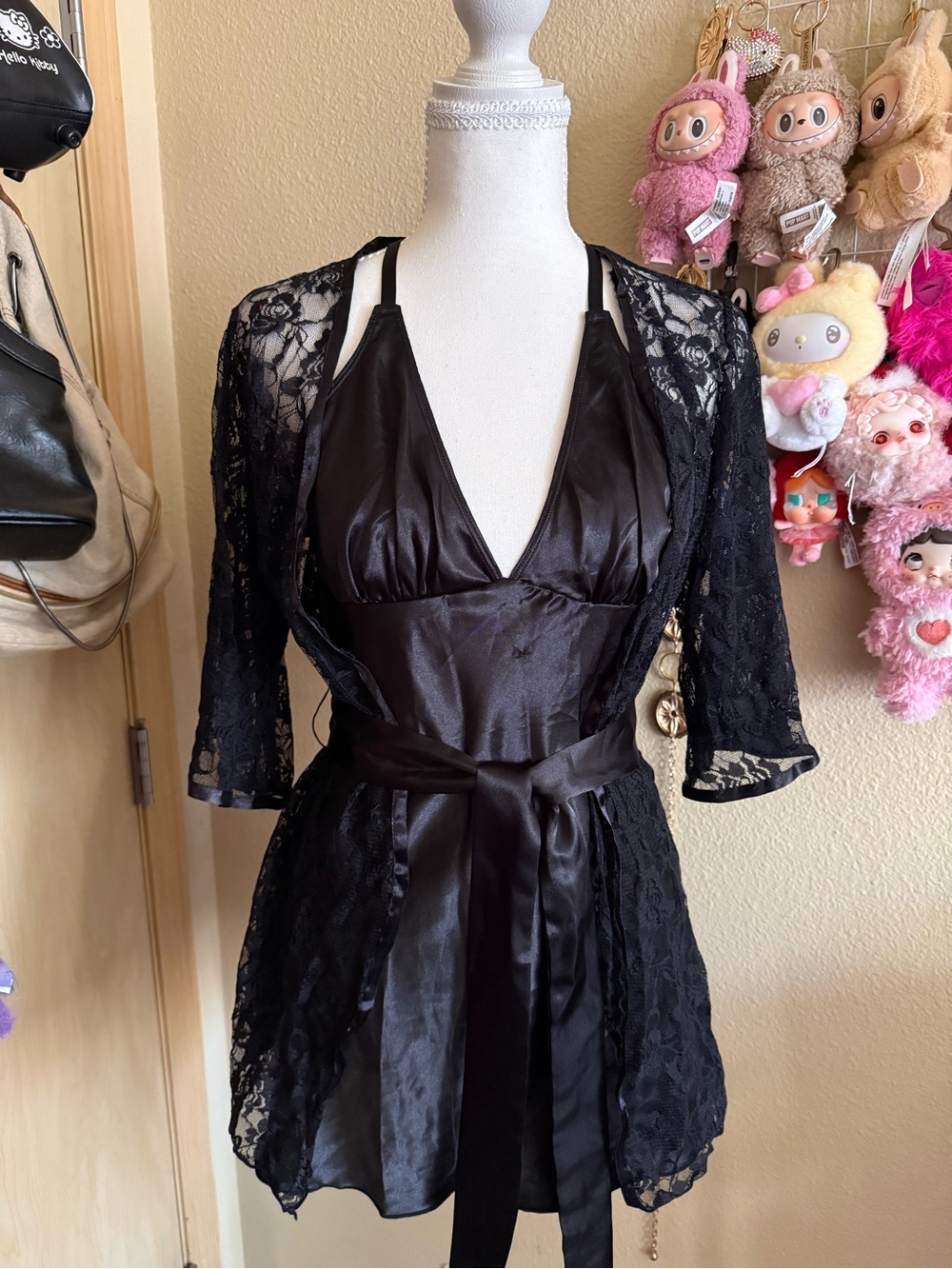 Dreamgirl Black Satin Chemise with Lace Robe Set